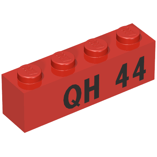 Rendu LDraw de Brique 1 x 4 avec motif imprimé noir 'QH 44' (Brick 1 x 4 with Black 'QH 44' Print), couleur indicative