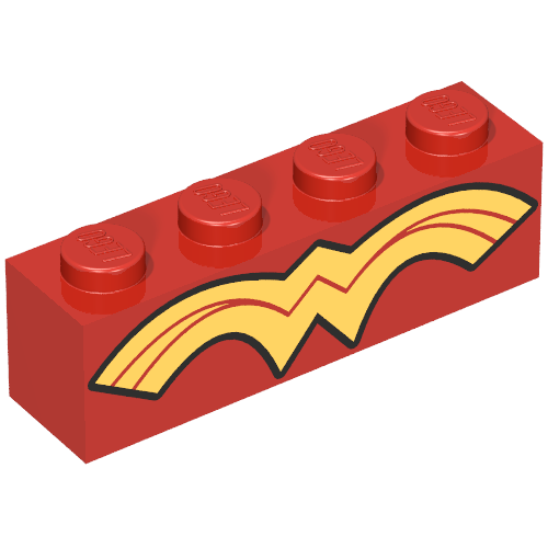 Rendu LDraw de Brique 1 x 4 avec or merveille femme logo motif imprimé (Brick 1 x 4 with Gold Wonder Woman Logo Print), couleur indicative
