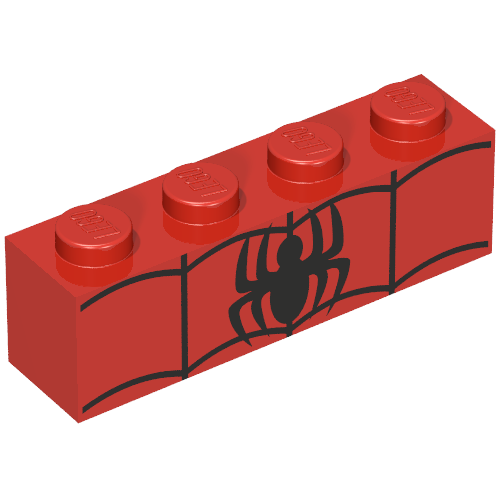 Rendu LDraw de Brique 1 x 4 avec motif noir imprimé araignée (spiderman) (Brick 1 x 4 with Black Spider Print (Spiderman)), couleur indicative
