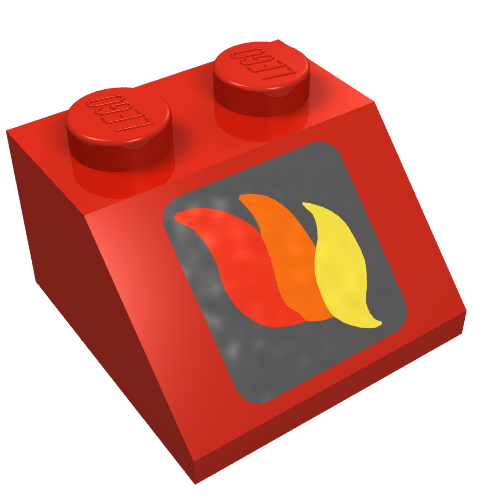 Rendu LDraw de Brique inclinée 45° 2 x 2 avec feu logo motif imprimé (Brick Sloped 45° 2 x 2 with Fire Logo Print), couleur indicative