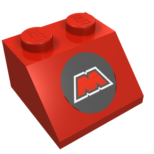 Rendu LDraw de Brique inclinée 45° 2 x 2 avec motif MTron Logo imprimé (Brick Sloped 45° 2 x 2 with MTron Logo Print), couleur indicative