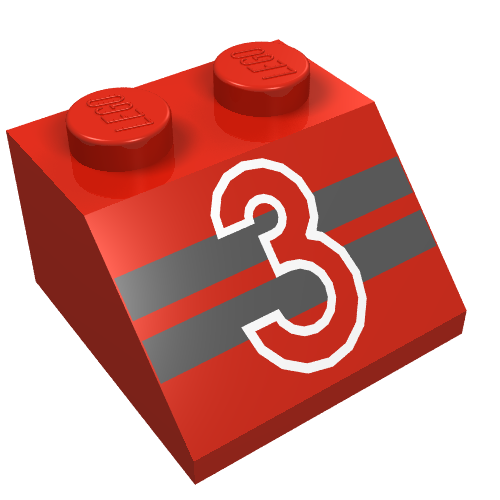 Rendu LDraw de Brique inclinée 45° 2 x 2 avec motif imprimé "3" sur bandes noires (Brick Sloped 45° 2 x 2 with "3" over Black Stripes Print), couleur indicative