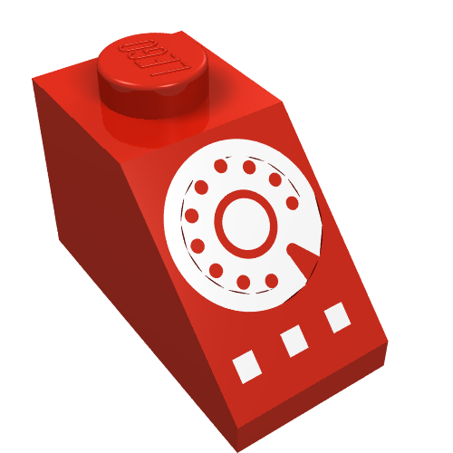 Rendu LDraw de Brique inclinée 45° 2 x 1 avec connecteur du bas, avec cadran blanc imprimé (Brick Sloped 45° 2 x 1 with Bottom pin, with White Rotary Dial Print), couleur indicative