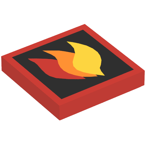 Rendu LDraw de Tuile 2 x 2 avec feu classique logo grand motif imprimé (Tile 2 x 2 with Classic Fire Logo Large Print), couleur indicative