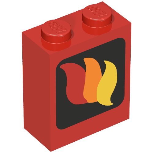 Rendu LDraw de Brique 1 x 2 x 2 avec feu logo motif imprimé (Brick 1 x 2 x 2 with Fire Logo Print), couleur indicative