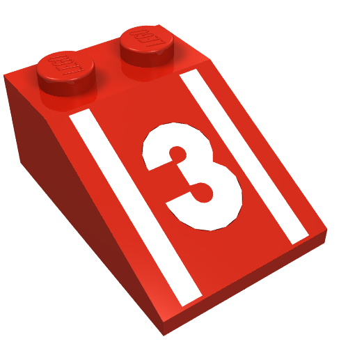 Rendu LDraw de Brique inclinée 33° 3 x 2 avec rayures blanches, motif imprimé '3' (Brick Sloped 33° 3 x 2 with White Stripes, '3' Print), couleur indicative