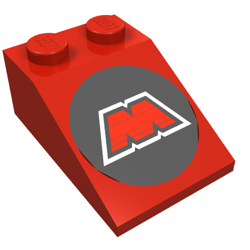 Rendu LDraw de Brique inclinée 33° 3 x 2 avec motif MTron Logo imprimé (Brick Sloped 33° 3 x 2 with MTron Logo Print), couleur indicative