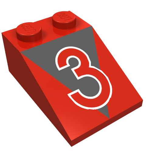 Rendu LDraw de Brique inclinée 33° 3 x 2 avec rouge '3', motif imprimé Triangle noir (Brick Sloped 33° 3 x 2 with Red '3', Black Triangle Print), couleur indicative