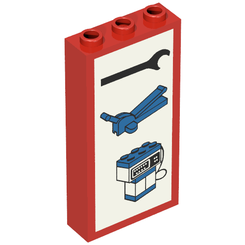 Rendu LDraw de Brique 1 x 3 x 5 avec Clé, Jack et modèle imprimé pompe (Brick 1 x 3 x 5 with Wrench, Jack, and Pump Print), couleur indicative