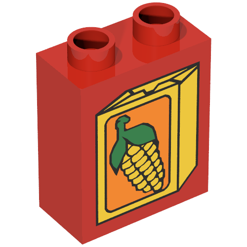 Rendu LDraw de Duplo Brique 1 x 2 x 2 avec Corn on Box Print, couleur indicative