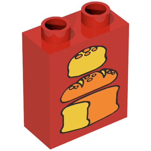 Rendu LDraw de Duplo Brique 1 x 2 x 2 avec Three Loaves of Bread Print, Middle Dark, couleur indicative