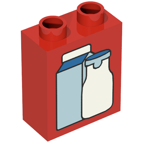 Rendu LDraw de Duplo Brique 1 x 2 x 2 avec Carton and Bottle Print, couleur indicative