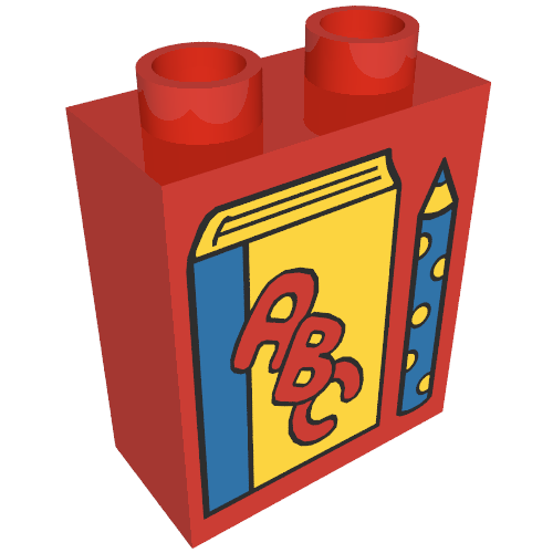 Rendu LDraw de Duplo Brique 1 x 2 x 2 avec Book avec 'ABC' on Front and Pencil Print, couleur indicative