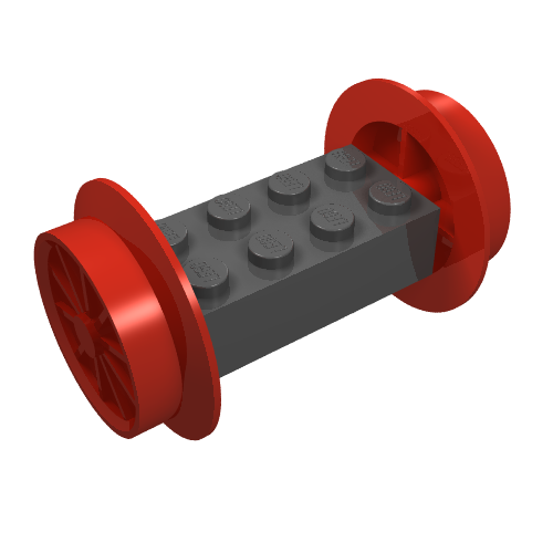 Rendu LDraw de Wheels Train Spoked Large (29mm D.) and Black Brique, modifiée 2 x 4 [Red], couleur indicative