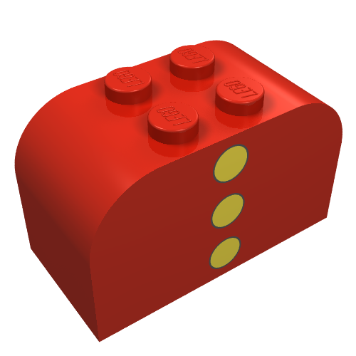 Rendu LDraw de Brique courbée 2 x 4 x 2 doubles avec 3 points jaunes motif imprimé (Brick Curved 2 x 4 x 2 Double with 3 Yellow Dots Print), couleur indicative