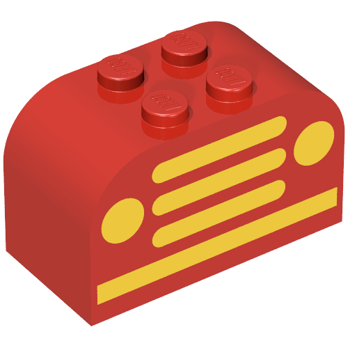 Rendu LDraw de Brique courbée 2 x 4 x 2 doubles avec calandre jaune et phares motif imprimé (Brick Curved 2 x 4 x 2 Double with Yellow Car Grille and Headlights Print), couleur indicative