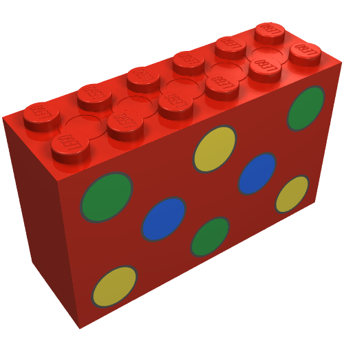 Rendu LDraw de Brique 2 x 6 x 3 avec motif imprimé Points Vert, Jaune et Bleu (Brick 2 x 6 x 3 with Green, Yellow and Blue Dots Print), couleur indicative