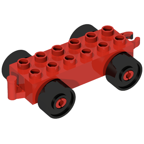 Rendu LDraw de Duplo Car Base, 2 x 6 avec Black Wheels and Open Hitch End, couleur indicative