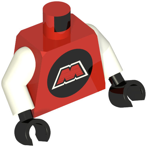 Rendu LDraw de Torse, MTron Logo imprimé, bras blancs, mains noires (Torso, MTron Logo Print, White Arms, Black Hands), couleur indicative