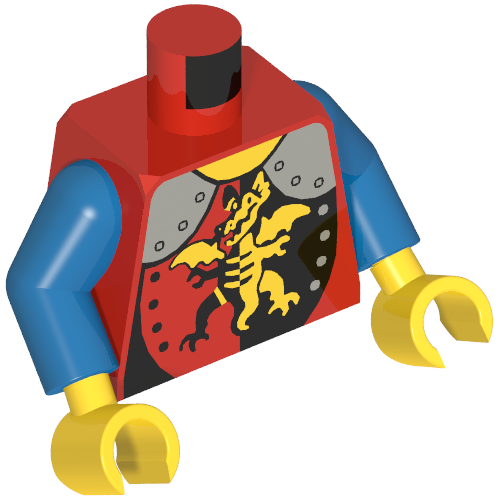 Rendu LDraw de Torse, armure, avec épaulettes argentées, dragon debout imprimé, bras bleus, mains jaunes (Torso, Armor, with Silver Shoulder Covers, Dragon Standing Print, Blue Arms, Yellow Hands), couleur indicative