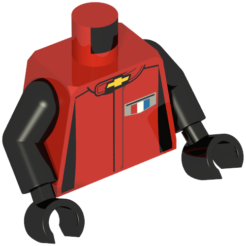 Rendu LDraw de Torse, costume de course avec logo Chevrolet / 'CAMARO' sur le dos motif imprimé, bras et mains noirs (Torso, Race Suit with Chevrolet Logo / 'CAMARO' on Back Print, Black Arms and Hands), couleur indicative