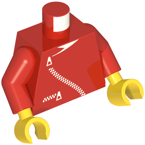 Torse, veste avec fermeture éclair incurvée et motif imprimé poche, bras rouges, mains jaunes (Torso, Jacket with Curved Zipper and Pocket Print, Red Arms, Yellow Hands)