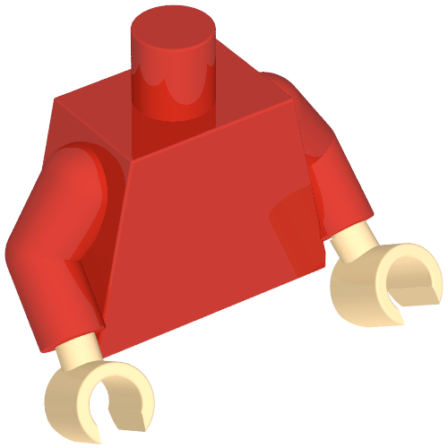 Rendu LDraw de Torse, corps, muscles, ceinture jaune, motif imprimé éclair (shazam), bras rouges, mains nougat clair (Torso, Bodysuit, Muscles, Yellow Belt, Lightning Bolt Print (Shazam), Red Arms, Light Nougat Hands), couleur indicative