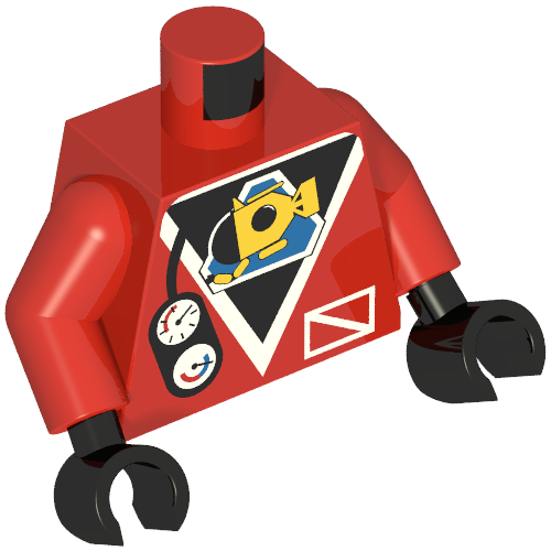 Torse, Combinaison avec Logo sous-marin et Jauges imprimé, bras rouges, mains noires (Torso, Wetsuit with Submarine Logo and Gauges Print, Red Arms, Black Hands)
