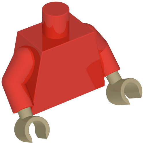 Rendu LDraw de Torse, bras rouges, mains beige foncées [sans motif] (Torso, Red Arms, Dark Tan Hands [Plain]), couleur indicative