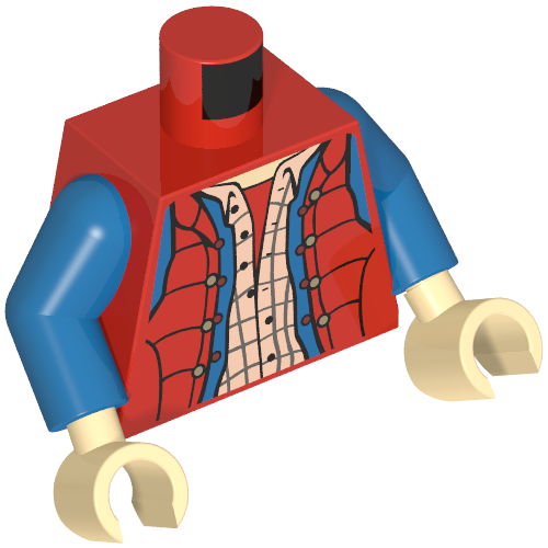 Rendu LDraw de Gilet torse avec chemise à carreaux et veste en denim bleu motif imprimé (marty mcfly), bras bleus, mains nougat clair (Torso Vest with Plaid Shirt and Blue Denim Jacket Print (Marty McFly), Blue Arms, Light Nougat Hands), couleur indicative