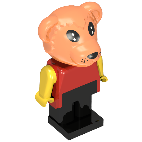 Rendu LDraw de Figurine Fabuland Ours Barney à tête brune, torse rouge, bras et mains jaunes et jambes noires Ours 2 [Barney] (Fabuland Figure Barney Bear with Brown Head, Red Torso, Yellow Arms and Hands and Black Legs Bear 2 [Barney]), couleur indicative