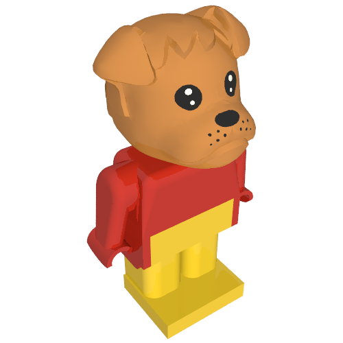 Figurine Fabuland Bertie Bulldog à tête brune, torse rouge, bras et mains et pattes jaunes (Fabuland Figure Bertie Bulldog with Brown Head, Red Torso, Arms and Hands, and Yellow Legs)