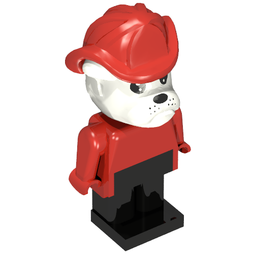 Rendu LDraw de Figurine Fabuland Bertie Bulldog à tête blanche, torse rouge, bras et mains, jambes noires et casque de pompier rouge (Fabuland Figure Bertie Bulldog with White Head, Red Torso, Arms and Hands, Black Legs and Red Fireman Helmet), couleur indicative