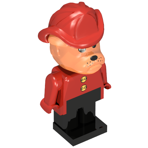 Rendu LDraw de Figurine Fabuland Bouledogue baryton à tête brune, torse rouge avec boutons dorés, bras et mains rouges, jambes noires et casque de pompier rouge (Fabuland Figure Barty Bulldog with Brown Head, Red Torso with Gold Buttons, Red Arms and Hands, Black Legs and Red Fireman Helmet), couleur indicative