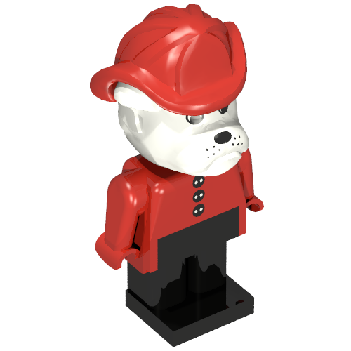 Rendu LDraw de Fabuland Figure Barty Bulldog avec White tête, Red torse avec Black Buttons, Red Arms and Hands, Black jambes and Red Fireman Helmet, couleur indicative