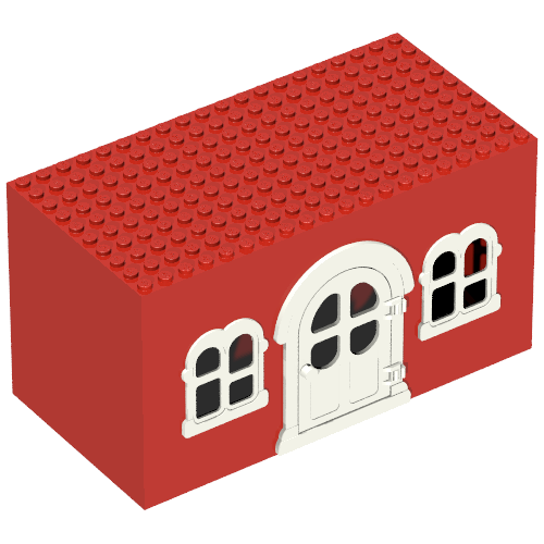 Rendu LDraw de Fabuland, Bâtiment, Maison avec porte blanche et fenêtres blanches (Fabuland, Building, House Block with White Door and White Windows), couleur indicative