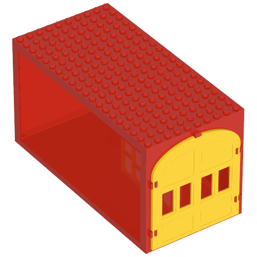 Rendu LDraw de Fabuland, Bâtiment, Bloc de garage avec fenêtres jaunes et portes jaunes (Fabuland, Building, Garage Block with Yellow Windows and Yellow Doors), couleur indicative
