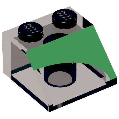 Rendu LDraw de Brique inclinée 45° 2 x 2 avec motif vert droit Inverse 1/4 imprimé sur disque (Brick Sloped 45° 2 x 2 with Right Green Inverse 1/4 Disc Print), couleur indicative