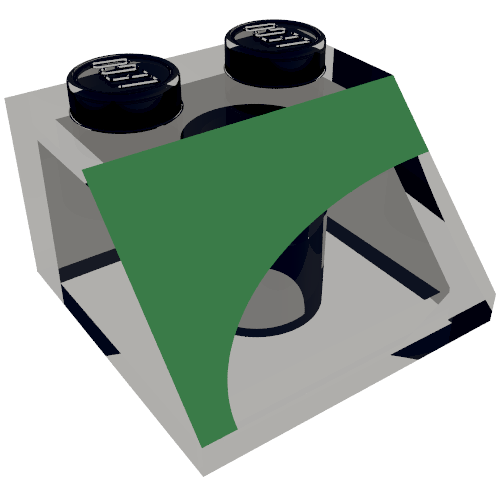 Rendu LDraw de Brique inclinée 45° 2 x 2 avec motif vert gauche Inverse 1/4 imprimé disque (Brick Sloped 45° 2 x 2 with Left Green Inverse 1/4 Disc Print), couleur indicative