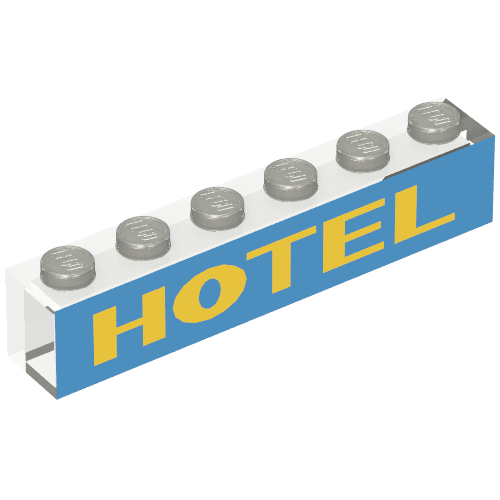 Rendu LDraw de Brique 1 x 6 avec motif imprimé jaune/bleu 'HOTEL' (Brick 1 x 6 with Yellow/Blue 'HOTEL' Print), couleur indicative