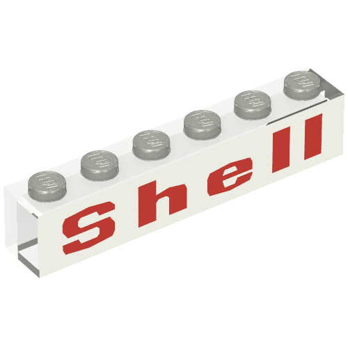 Rendu LDraw de Brique 1 x 6 avec motif imprimé rouge/blanc 'Shell' (Brick 1 x 6 with Red/White 'Shell' Print), couleur indicative