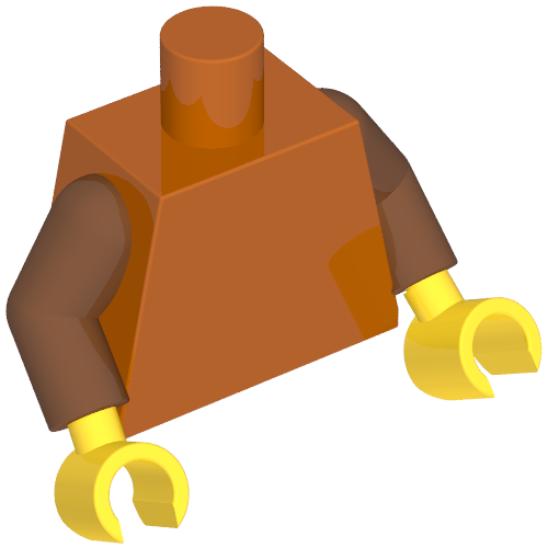 Rendu LDraw de Torse, bras brun rougeâtre, mains jaunes [sans motif] (Torso, Reddish Brown Arms, Yellow Hands [Plain]), couleur indicative