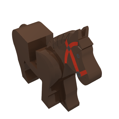 Rendu LDraw de Animal, cheval, tête mobile, yeux noirs, motif imprimé bride rouge [assemblage complet] (Animal, Horse, Movable Head, Black Eyes, Red Bridle Print [Complete Assembly]), couleur indicative