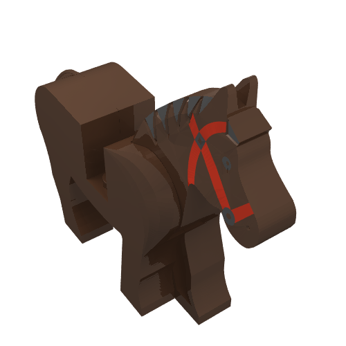 Rendu LDraw de Animal, Horse, Movable tête, Black Eyes, Red Bridle, Black Mane Print, couleur indicative
