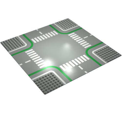 Rendu LDraw de Baseplate 32 x 32 avec 7-tenon Crossroads avec Road and Crosswalks Print, couleur indicative