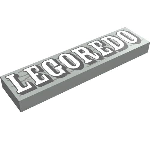 Rendu LDraw de Tuile 1 x 4 avec motif imprimé 'LEGOREDO' (Tile 1 x 4 with 'LEGOREDO' Print), couleur indicative