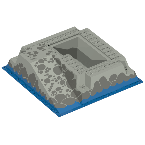 Rendu LDraw de Plaque de base Élevé 32 x 32 avec rampe et fosse, eau, motif imprimé pierres grises (Baseplate Raised 32 x 32 with Ramp and Pit, Water, Gray Stones Print), couleur indicative
