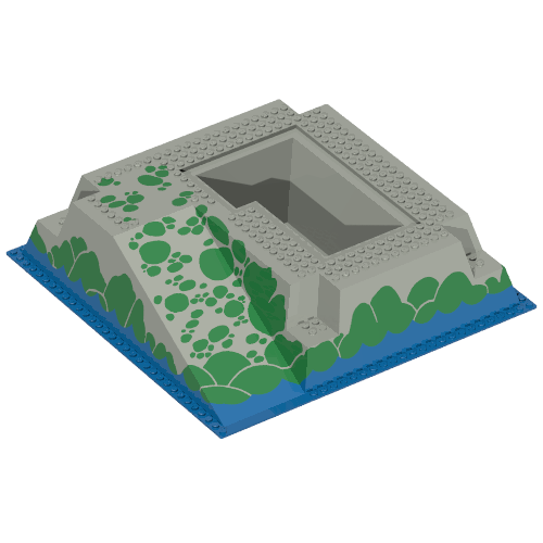 Rendu LDraw de Plaque de base surélevée 32 x 32 avec rampe et fosse, eau, pierres vertes motif imprimé (Baseplate Raised 32 x 32 with Ramp and Pit, Water, Green Stones Print), couleur indicative