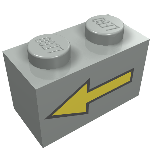 Rendu LDraw de Brique 1 x 2 avec flèche gauche jaune avec motif imprimé bord noir (Brick 1 x 2 with Yellow Left Arrow with Black Border Print), couleur indicative