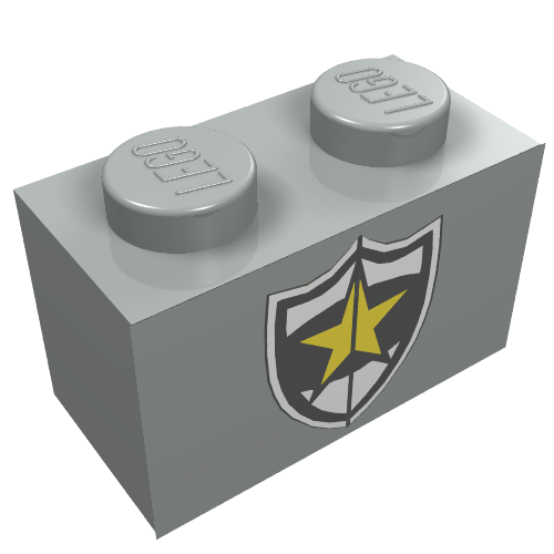 Rendu LDraw de Brique 1 x 2 avec Badge Étoile Jaune Police imprimé (Brick 1 x 2 with Police Yellow Star Badge Print), couleur indicative